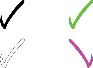 Four Hand Drawn Check Marks Black White Green Purple Thick Strokes Isolated White Background