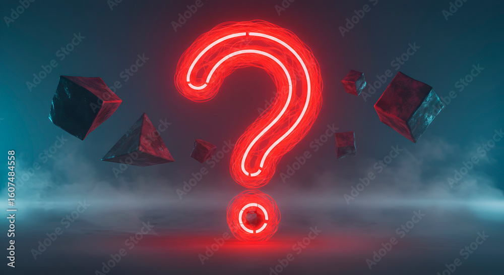 Poster neon question mark on dark blue background with geometric shapes floating in the air and mysterious 