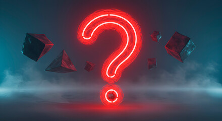 Neon question mark on dark blue background with geometric shapes floating in the air and mysterious smoke. Colorful 3D digital illustration