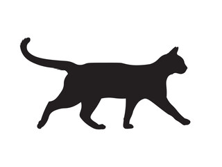 Black silhouette of a walking cat in side view, head facing right, body in mid-step with tail relaxed and gently curved. Clean and minimal design on white background.