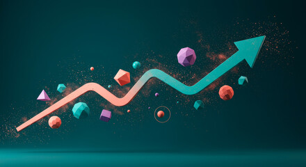  Abstract 3d growth chart with colorful geometric shapes symbolizing business analytics on dark background.