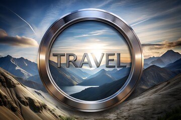 Text TRAVEL logo metallic futuristic neon mountains vacation holiday cruise booking nature company travel resort background template marketing tour art design agency trip banner tickets hotel service