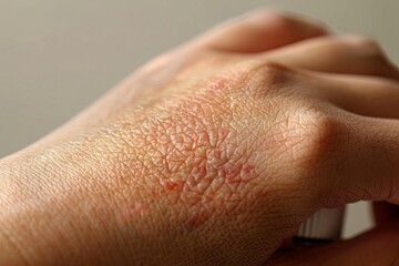 Fototapeta premium Close-up of a hand with irritated skin, showing redness and texture. Part of a container is visible at the bottom right.