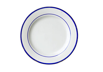 Overhead view of a round white plate with blue rim