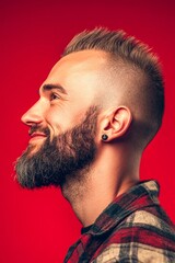 Obraz premium Idea of style for aging men. Chic men's short punk haircut - midlife white man with hair. Red solid background. A vibrant male with a lively and glowing personality.