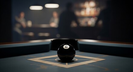 Close-up of a black eight-ball resting on a blue pool table in a dimly lit bar.