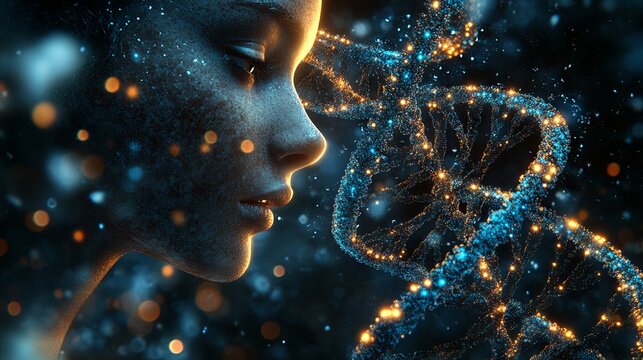 IA conceptual image of identity, featuring a fingerprint and DNA (deoxyribonucleic acid) scan, symbolizing physical evidence of human identity. 