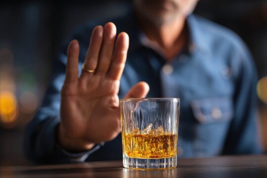 A man in a blue shirt refuses a glass of whiskey, signaling a decision to avoid alcohol consumption