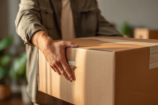 A person holding a large cardboard box indoors, preparing to move or deliver a package in a well-lit room