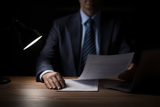 A businessman in a suit reviews documents at a desk under a desk lamp, with a laptop beside him in a dimly lit office
