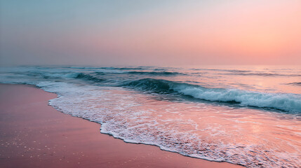 Gentle ocean waves lap onto a sandy shore under a soft pastel sky beach water