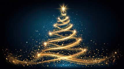 A glowing golden Christmas tree made of sparkling light swirls and a shining star on top, set against a dark blue background