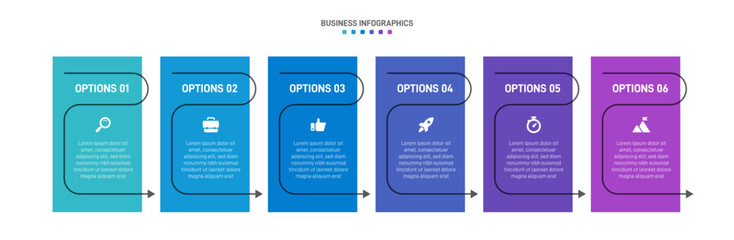 Progress bar featuring 6 arrow-shaped elements, symbolizing the six stages of business strategy and progression. Clean timeline infographic design template. Vector for mobile presentation.