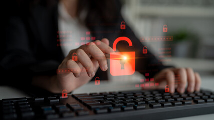Digital security concept illustrating a cybersecurity breach, with a red unlocked padlock...