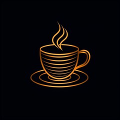 Obraz premium Golden coffee cup with steam rising above, simple lines on black background create an elegant and modern design symbolizing warmth and freshness