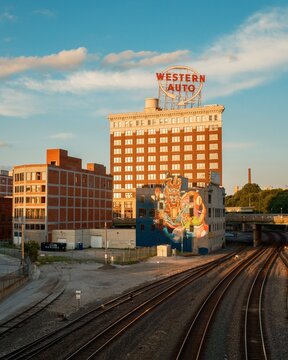 Railroad tracks and Western Auto vintage sign, Kansas City, Missouri