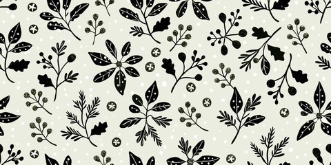 Black & Beige Seamless Floral Pattern: Winter Botanical Design