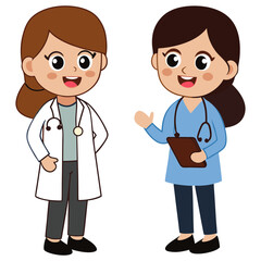 Fototapeta premium Two cartoon doctors standing and talking with stethoscopes