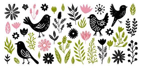 Floral & Bird Folk Art Design Elements: Spring Botanical Illustrations