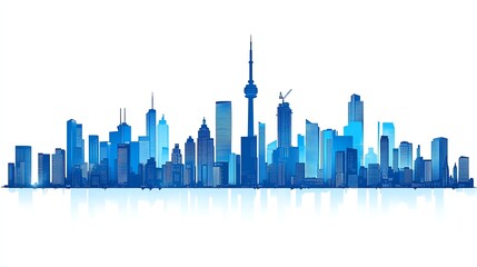 A linear, blue cityscape silhouette with skyscrapers and iconic towers against white