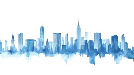 Fototapeta premium A linear, blue cityscape silhouette with skyscrapers and iconic towers against white