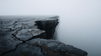 Jagged dark cliff edge disappearing into dense grey mist rock
