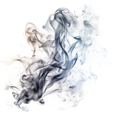 An abstract swirl of dark blue and grey smoke creates a delicate ethereal cloud isolated on transparent background