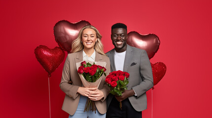 Happy interracial couple celebrating Valentine's Day with red roses and heart balloons on red background. Smiling blonde woman and African American man in elegant attire. Love romance concept.