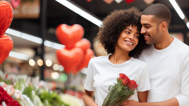 Young couple celebrating Valentine's Day with red roses and heart balloons. Happy African American man and woman embracing in romantic restaurant setting. Love relationship concept.