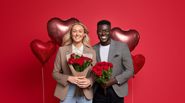 Happy interracial couple celebrating Valentine's Day with red roses and heart balloons on red background. Smiling blonde woman and African American man in elegant attire. Love romance concept.