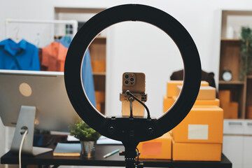 Portrait of Starting small businesses SME owners, two Asian woman check online orders Selling products working with boxs freelance work at home office, sme business online small medium enterprise