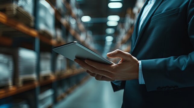 Warehouse manager with digital tablet - Powered by Adobe