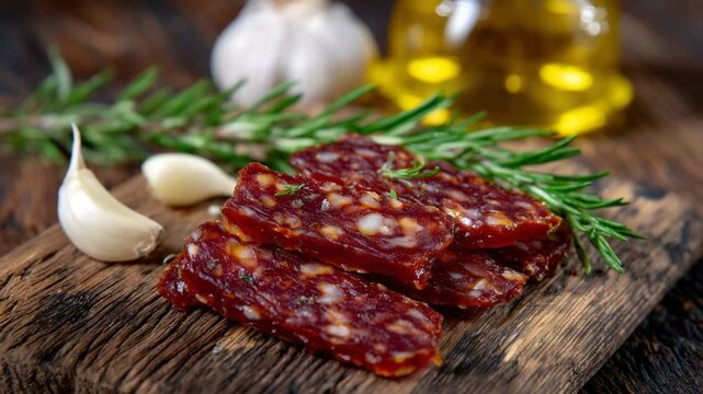 Close-up of sliced Spanish chistorra with rosemary and garlic on a rustic wooden board, highlighting savory spices and oils.
