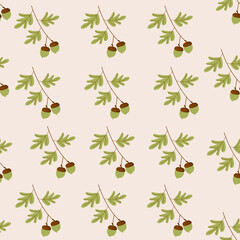 Seamless pattern with acorns and green leaves Background for packaging and gifts Vector illustration