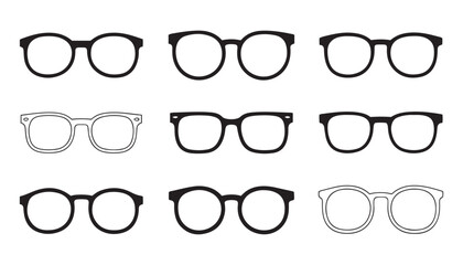 Silhouette and Line Art Glasses Icon Set Stylish Eyewear, Sunglasses, Spectacles, and Optical Frame Vector Collection