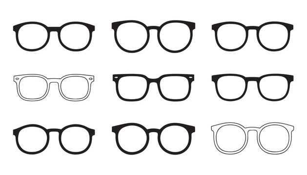 Silhouette and Line Art Glasses Icon Set Stylish Eyewear, Sunglasses, Spectacles, and Optical Frame Vector Collection