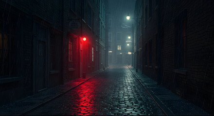 Rainy Night in a Dark Cobblestone Alleyway Mysterious Cityscape