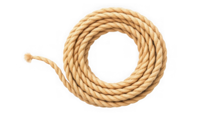 A thick, coiled rope made of natural fibers, isolated on a transparent background