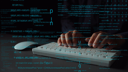 A programmer hands are seen typing on a white keyboard, surrounded by floating code and binary data, exemplifying the world of software development and technology. Xenic