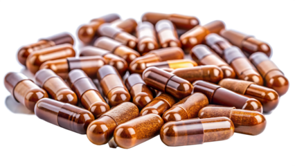 brown capsules and small tablets scattered isolated on white background PNG , AI GENERATED