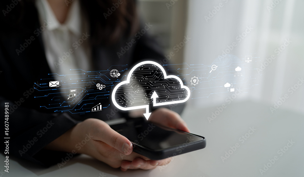 Poster cloud computing enables digital growth with secure data storage, scalable infrastructure, and strate