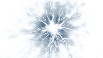 An abstract burst of bright blue and white energy with intricate lightning patterns isolated on transparent background