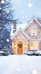 Cozy winter home: A charming house, adorned with Christmas lights, stands amidst a serene snowscape, offering a warm, inviting presence against the chilly backdrop of a winter day.