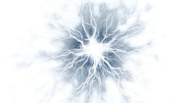 An abstract burst of bright blue and white energy with intricate lightning patterns isolated on transparent background