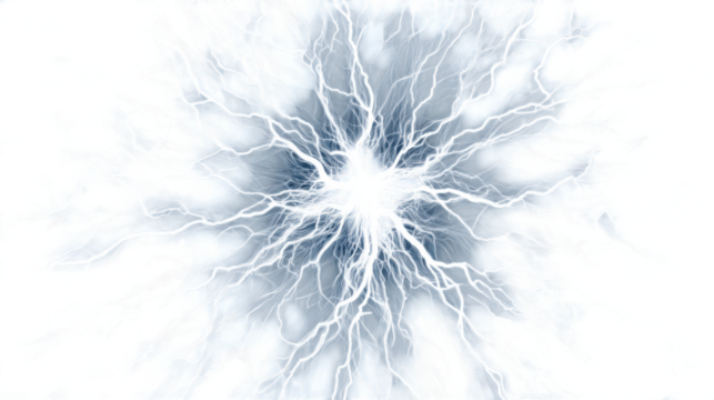 An abstract burst of bright blue and white energy with intricate lightning patterns isolated on transparent background