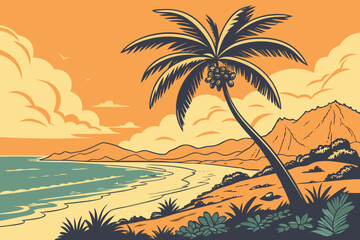  palm tree silhouette at sunset, tropical paradise, orange sky, golden hour, serene landscape, dreamy atmosphere, vibrant colors