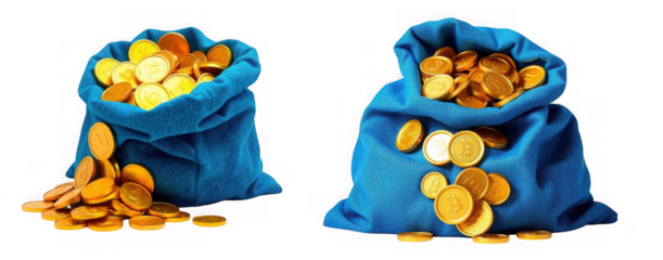 Two blue sacks overflowing with gold coins, some spilling out onto a transparent background