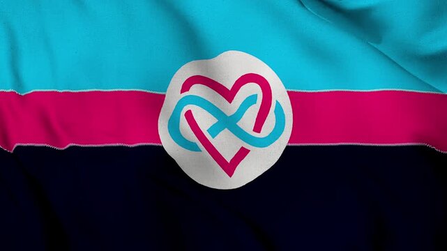 A popular polyamory flag, with the infinity heart symbol in the middle. The colors are cyan, light red, and black background. LGBTQ polyamory community symbol Perfect Loop 4K video.