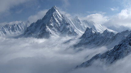 Naklejka premium Majestic Snowy Mountain Peaks Emerging From Clouds mountain range snow covered peaks