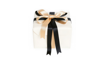 A neatly wrapped white gift box adorned with a luxurious gold and black ribbon and bow, presented on a plain transparent background